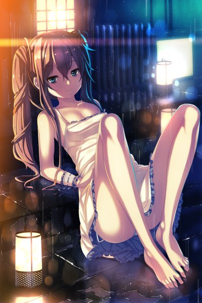 Anime picture 2400x3600 with original yuuji (yukimimi) single long hair tall image looking at viewer fringe highres blue eyes light erotic brown hair sitting cleavage barefoot sunlight arm support wet sleeveless evening sunset