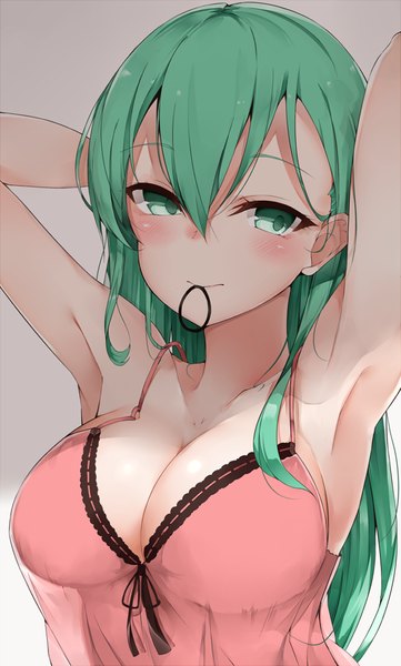 Anime picture 637x1059 with kantai collection suzuya heavy cruiser cole single long hair tall image looking at viewer blush fringe breasts light erotic simple background hair between eyes large breasts bare shoulders holding cleavage aqua eyes aqua hair arms up