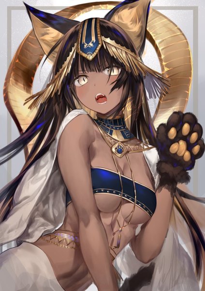 Anime picture 724x1024 with original kouyafu single long hair tall image looking at viewer blush fringe breasts open mouth light erotic brown hair animal ears yellow eyes upper body tail traditional clothes animal tail multicolored hair cat ears