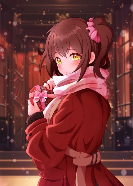 Anime picture 2591x3624 with idolmaster idolmaster million live! kasuga mirai raby vivid single long hair tall image blush fringe highres hair between eyes brown hair yellow eyes looking away upper body one side up valentine girl scarf scrunchie