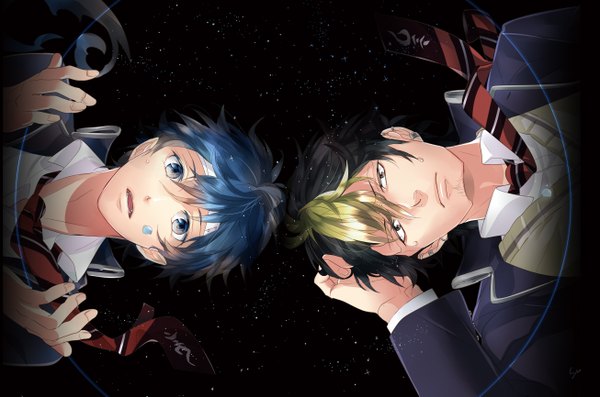 Anime picture 1306x865 with ao no exorcist a-1 pictures okumura rin suguro ryuuji roko (artist) short hair blue eyes black hair blonde hair brown eyes blue hair multicolored hair night two-tone hair multiple boys night sky looking down space boy uniform