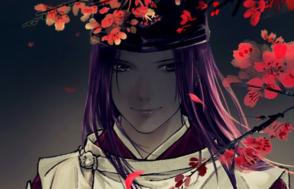 Anime picture 974x626 with hikaru no go studio pierrot fujiwara no sai ziyeqiongtu single long hair looking at viewer simple background smile purple hair traditional clothes wind lips boy flower (flowers) hat petals branch