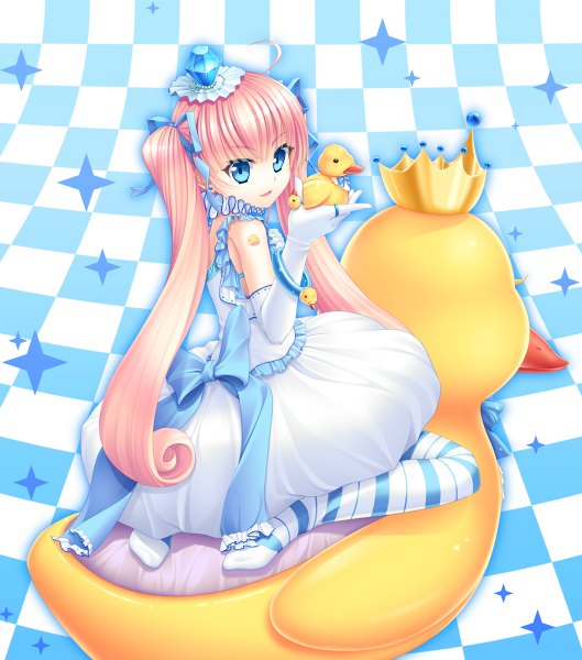 Anime picture 1058x1200 with original 33paradox single long hair tall image looking at viewer blue eyes twintails pink hair checkered checkered background girl dress gloves hair ornament ribbon (ribbons) bow hair bow hair ribbon pantyhose