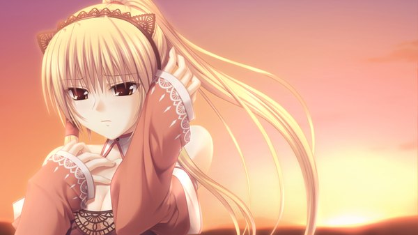 Anime picture 1024x576 with blonde hair wide image brown eyes game cg ponytail close-up headband