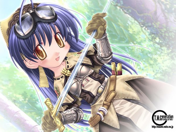 Anime picture 1500x1125 with ragnarok online swordman ishihara masumi yellow eyes blue hair wallpaper laughing sword goggles
