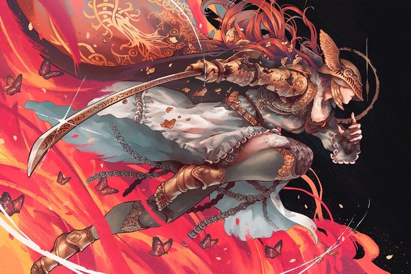 Anime picture 1440x960 with elden ring malenia blade of miquella hammling single long hair simple background holding red hair profile fighting stance broken girl flower (flowers) weapon insect butterfly chain helmet prosthesis blade