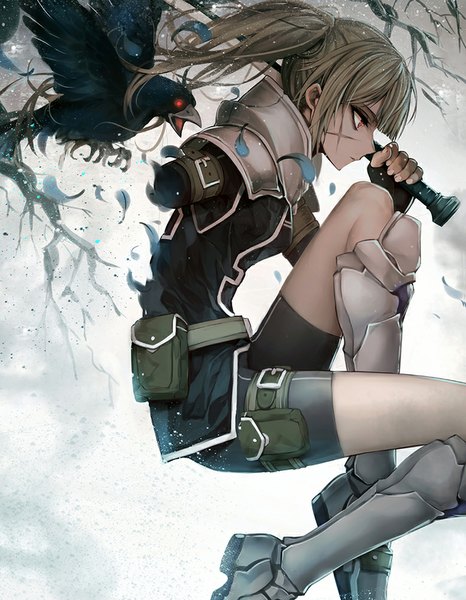 Anime-Bild 778x1000 mit original pixiv fantasia pixiv fantasia t zen33n single long hair tall image twintails bent knee (knees) profile green hair scar amputee girl gloves weapon animal sword black gloves boots