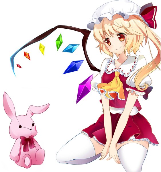 Anime picture 1500x1600 with touhou flandre scarlet yuika (yurika712) single tall image blush short hair simple background blonde hair smile red eyes white background sitting girl thighhighs skirt white thighhighs wings toy stuffed animal