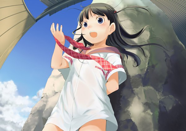 Anime picture 1061x750 with sugar+spice! nanjouji ichisa sody (artist) single long hair blush open mouth blue eyes black hair standing sky cloud (clouds) wind girl stone (stones)
