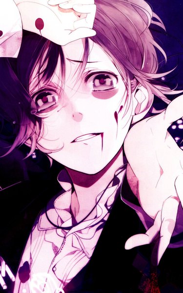 Anime picture 1200x1920 with diabolik lovers idea factory sakamaki kanato single tall image looking at viewer short hair open mouth smile purple eyes purple hair portrait vampire boy blood