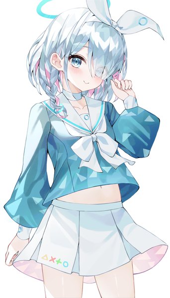 Anime picture 2792x4893 with blue archive arona (blue archive) indol single tall image blush fringe highres short hair blue eyes simple background smile white background silver hair braid (braids) hair over one eye side braid girl skirt uniform