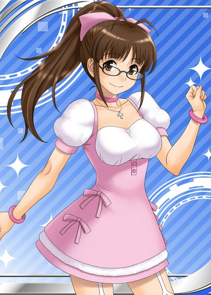 Anime picture 786x1100 with idolmaster akizuki ritsuko hida tatsuo single long hair tall image looking at viewer brown hair ponytail girl dress bow hair bow glasses bracelet