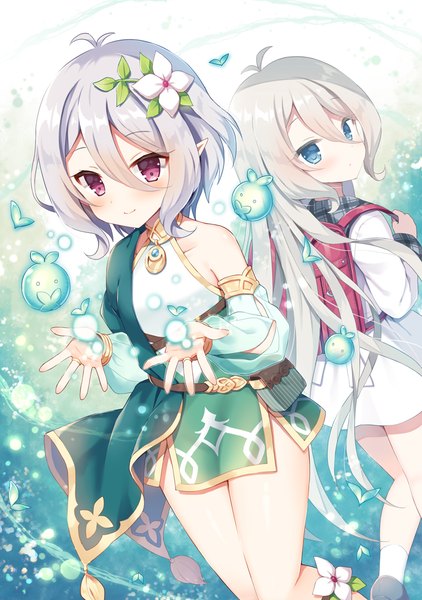 イラスト 788x1120 と プリンセスコネクト!re:dive プリンセスコネクト！ コッコロ mauve 長身像 カメラ目線 赤面 前髪 短い髪 青い目 笑顔 hair between eyes 肩出し multiple girls 青い髪 銀髪 アホ毛 very long hair ピンク目 looking back