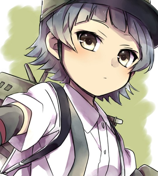 Anime picture 900x1000 with kantai collection arare destroyer sekina single tall image looking at viewer blush fringe short hair brown eyes grey hair from below portrait girl uniform school uniform hat detached sleeves backpack flat cap