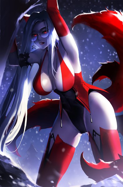 Anime picture 1316x2000 with original a-line single long hair tall image looking at viewer breasts open mouth light erotic red eyes large breasts standing animal ears outdoors white hair tail animal tail night arms up armpit (armpits)