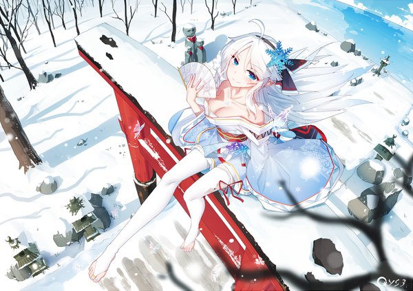 Anime picture 1700x1201 with original qys3 single long hair looking at viewer blush fringe blue eyes light erotic hair between eyes sitting holding signed sky cloud (clouds) full body ahoge outdoors white hair nail polish