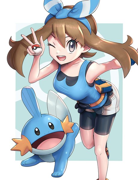Anime picture 1380x1800 with pokemon pokemon (game) pokemon rse pokemon masters ex nintendo may (pokemon) mudkip gonzarez single long hair tall image looking at viewer blush fringe breasts open mouth simple background smile hair between eyes brown hair