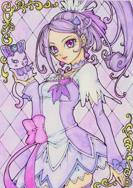 Anime picture 792x1114 with precure dokidoki! precure toei animation kenzaki makoto cure sword davi (dokidoki! precure) sayococco single long hair tall image looking at viewer purple eyes purple hair ponytail magical girl traditional media rhombus girl hair ornament bow