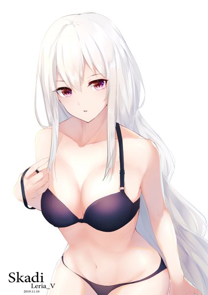 Anime picture 1413x2000 with arknights skadi (arknights) leria v single tall image looking at viewer blush fringe breasts light erotic simple background hair between eyes red eyes large breasts white background bare shoulders signed cleavage upper body white hair