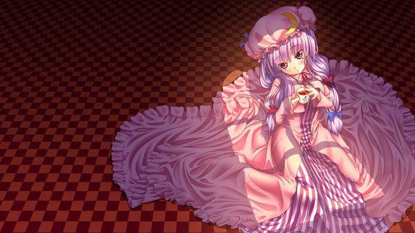 Anime picture 1920x1080 with touhou patchouli knowledge nazu-na single long hair blush highres wide image sitting purple eyes purple hair wallpaper wariza checkered floor crescent girl dress bow hair bow bonnet