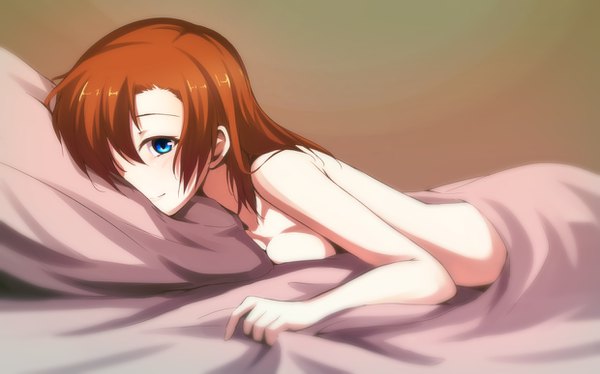 Anime picture 1240x774 with love live! school idol project sunrise (studio) love live! kousaka honoka nanotsuki single long hair looking at viewer blush fringe blue eyes light erotic simple background smile wide image lying nude hair over one eye orange hair gradient background