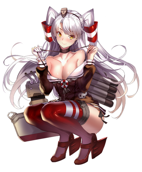 Anime picture 1500x1812 with kantai collection amatsukaze destroyer rensouhou-kun miyazaki byou long hair tall image looking at viewer blush breasts light erotic smile yellow eyes white hair two side up transparent background girl thighhighs weapon hat hair tubes