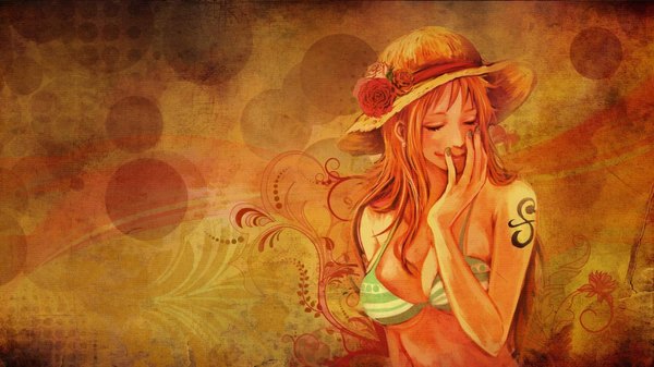 Anime picture 1920x1080 with one piece toei animation nami (one piece) single long hair highres light erotic wide image bare shoulders eyes closed orange hair girl flower (flowers) swimsuit hat bikini top
