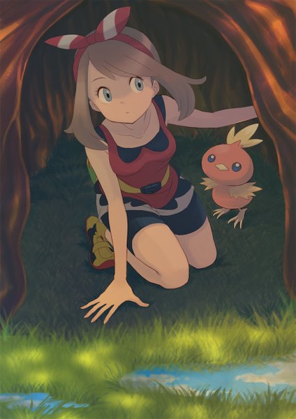 Anime picture 877x1240 with pokemon pokemon (game) pokemon oras nintendo may (pokemon) torchic nakakore single tall image short hair blue eyes brown hair looking away sky kneeling reflection gen 3 pokemon girl plant (plants) animal