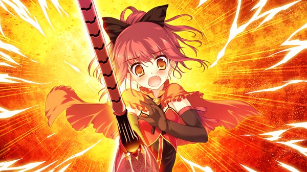 Anime picture 1280x720 with colorful cure ichinose hanatsu moric (artist) blush short hair open mouth wide image game cg red hair orange eyes girl dress gloves bow weapon hair bow sword elbow gloves