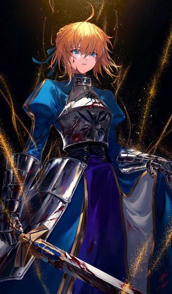 Anime picture 1256x2145 with fate (series) fate/stay night artoria pendragon (all) saber hoojiro single tall image looking at viewer fringe open mouth blue eyes simple background blonde hair hair between eyes standing payot ahoge hair bun (hair buns) puffy sleeves black background