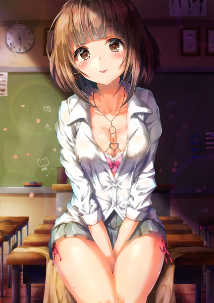 Anime-Bild 1240x1754 mit idolmaster idolmaster cinderella girls kitami yuzu kuria (clear trip second) single tall image looking at viewer blush short hair breasts light erotic smile brown hair sitting brown eyes cleavage indoors head tilt pleated skirt shadow