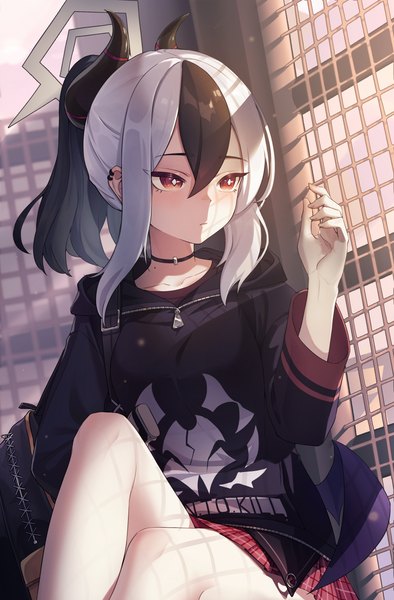 Anime picture 2100x3200 with blue archive kayoko (blue archive) toga (toganawa) single long hair tall image fringe highres black hair hair between eyes red eyes sitting looking away silver hair ponytail multicolored hair horn (horns) mole two-tone hair piercing