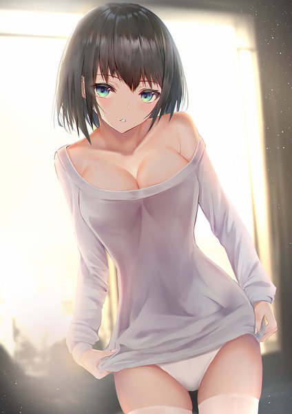 Anime picture 1061x1500 with original yk (pixiv43531291) single tall image looking at viewer blush fringe short hair breasts light erotic black hair large breasts standing bare shoulders green eyes cleavage indoors long sleeves parted lips fingernails