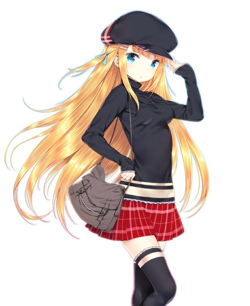 Anime picture 942x1150 with original zizi (zz22) single long hair tall image looking at viewer blue eyes blonde hair simple background white background girl thighhighs skirt black thighhighs bag flat cap