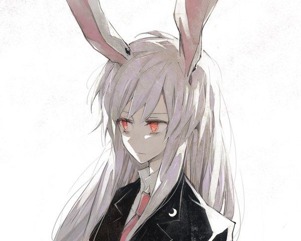 Anime picture 1000x800 with touhou reisen udongein inaba minakata sunao single long hair simple background red eyes white background white hair bunny ears girl necktie moon (symbol)