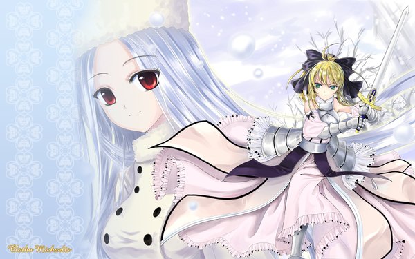Anime picture 1680x1050 with fate (series) fate/stay night fate/zero studio deen type-moon artoria pendragon (all) saber saber lily irisviel von einzbern clotho (clotho ls) long hair blonde hair red eyes wide image multiple girls green eyes silver hair snowing winter fur hat