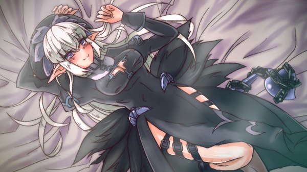 Anime picture 1280x720 with monster girl encyclopedia dark priest (monster girl encyclopedia) rocknroll (artist) single long hair blush light erotic smile wide image purple eyes lying pointy ears grey hair girl dress