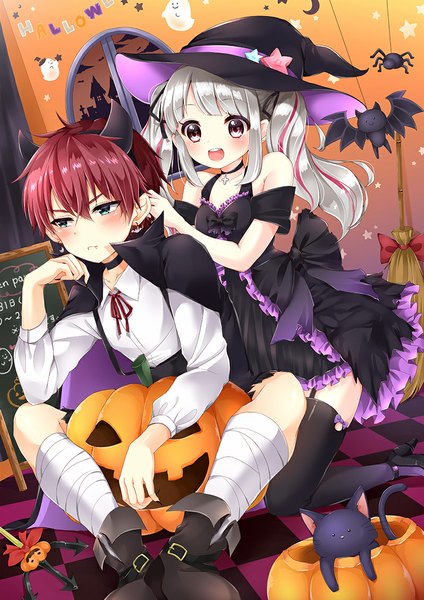 Anime picture 800x1131 with original noda shuha long hair tall image blush short hair open mouth blue eyes twintails brown eyes white hair red hair halloween witch vampire girl thighhighs dress boy black thighhighs