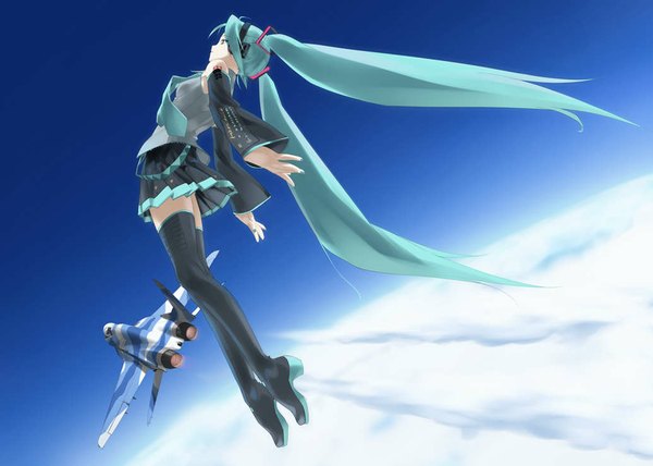 Anime picture 1035x740 with vocaloid hatsune miku rokuwata tomoe single long hair twintails sky full body pleated skirt aqua eyes aqua hair zettai ryouiki flying girl skirt detached sleeves necktie thigh boots airplane jet