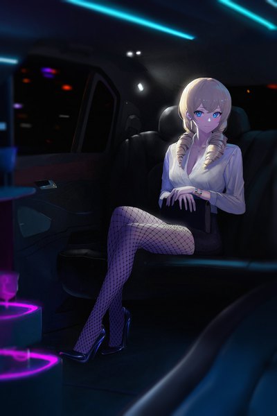 Anime picture 1365x2048 with original cool4noodle single long hair tall image looking at viewer blush fringe breasts blue eyes blonde hair hair between eyes sitting twintails payot cleavage full body bent knee (knees) blurry night