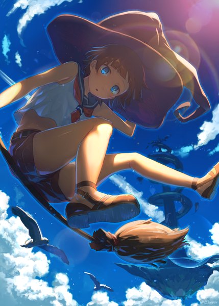 Anime picture 999x1397 with original kikugetsu tall image looking at viewer blush fringe short hair blue eyes brown hair sitting bare shoulders sky bent knee (knees) parted lips sunlight bare legs from below flying adjusting hat witch