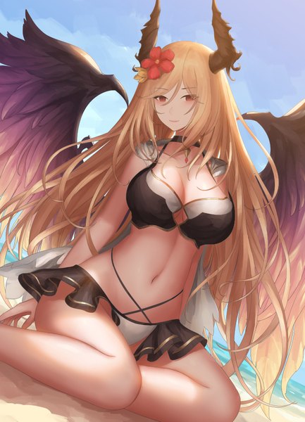 Anime picture 700x969 with shingeki no bahamut dark angel olivia rinmmo single long hair tall image looking at viewer blush breasts light erotic blonde hair large breasts sitting bare shoulders payot sky cleavage cloud (clouds) bent knee (knees) outdoors