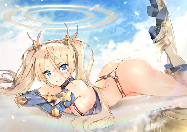 Anime picture 1414x1000 with fate (series) fate/grand order bradamante (fate/grand order) teddy (khanshin) single long hair looking at viewer blush fringe breasts blue eyes light erotic blonde hair smile hair between eyes twintails bare shoulders sky cleavage cloud (clouds)