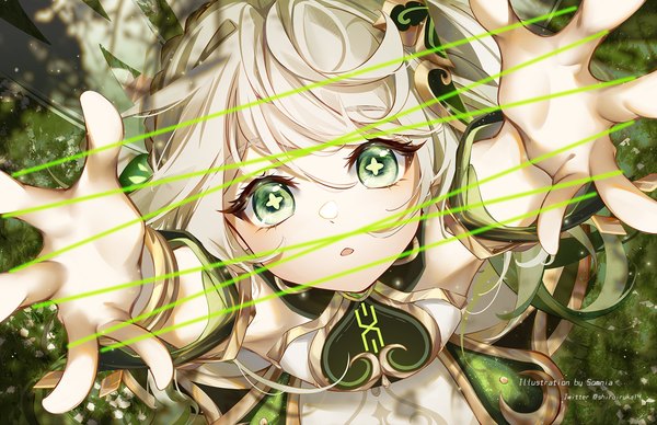 Anime picture 1400x906 with genshin impact nahida (genshin impact) somnia single long hair looking at viewer fringe hair between eyes green eyes silver hair from above arms up symbol-shaped pupils girl