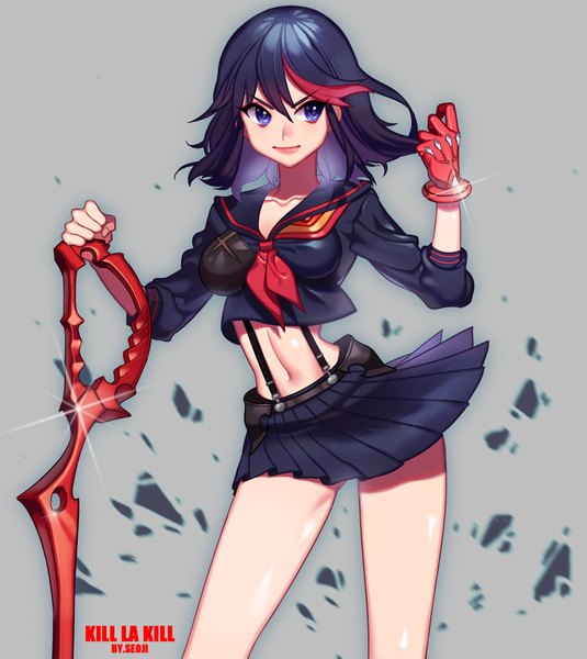 Anime picture 900x1008 with kill la kill studio trigger matoi ryuuko senketsu seoji single tall image short hair blue eyes black hair simple background signed looking away pleated skirt multicolored hair grey background two-tone hair streaked hair girl skirt