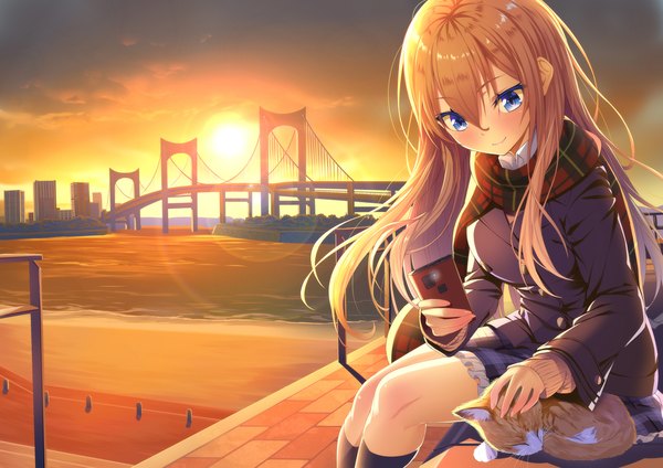 Anime picture 1179x835 with original heirou single long hair blush blue eyes blonde hair evening sunset girl animal scarf cat mobile phone bridge plaid scarf