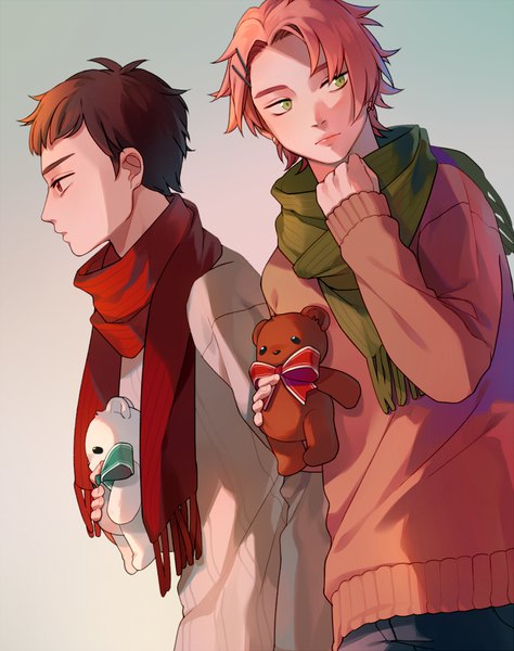 Anime picture 711x900 with original juupion tall image short hair simple background brown hair holding brown eyes green eyes pink hair profile looking back multiple boys turning head adjusting clothes boy hairclip scarf 2 boys sweater