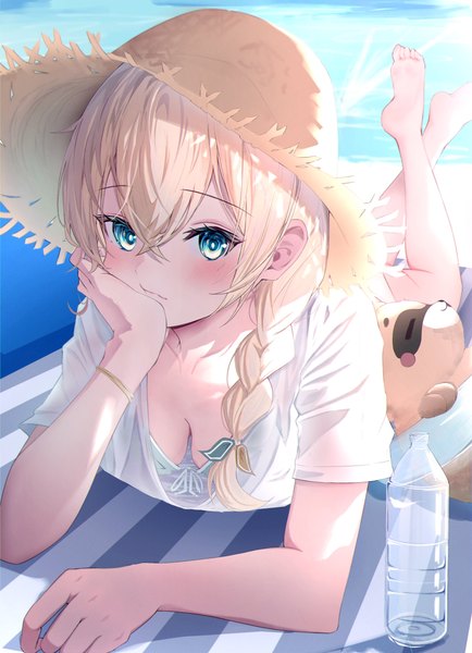 Anime picture 2756x3806 with virtual youtuber hololive kazama iroha pokobee rin (rin illust 0805) single long hair tall image looking at viewer blush fringe highres blue eyes light erotic blonde hair hair between eyes sky full body outdoors lying