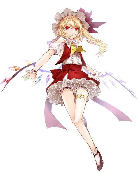 Anime picture 1638x2048 with touhou flandre scarlet chikawa shibainu single long hair tall image looking at viewer fringe open mouth light erotic simple background blonde hair hair between eyes red eyes white background full body bare legs short sleeves puffy sleeves one side up
