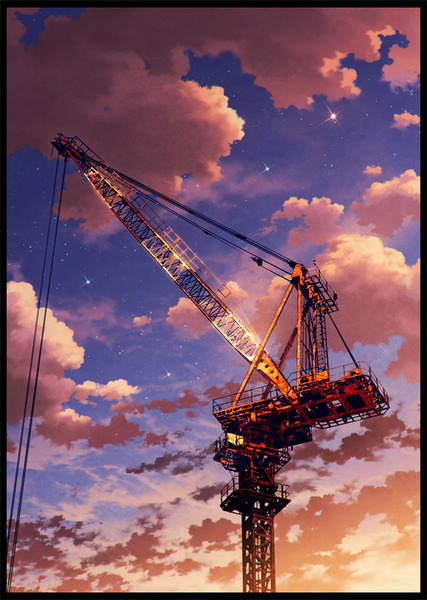 Anime picture 711x1000 with original mocha (cotton) tall image cloud (clouds) from below border evening sunset no people star (stars) crane